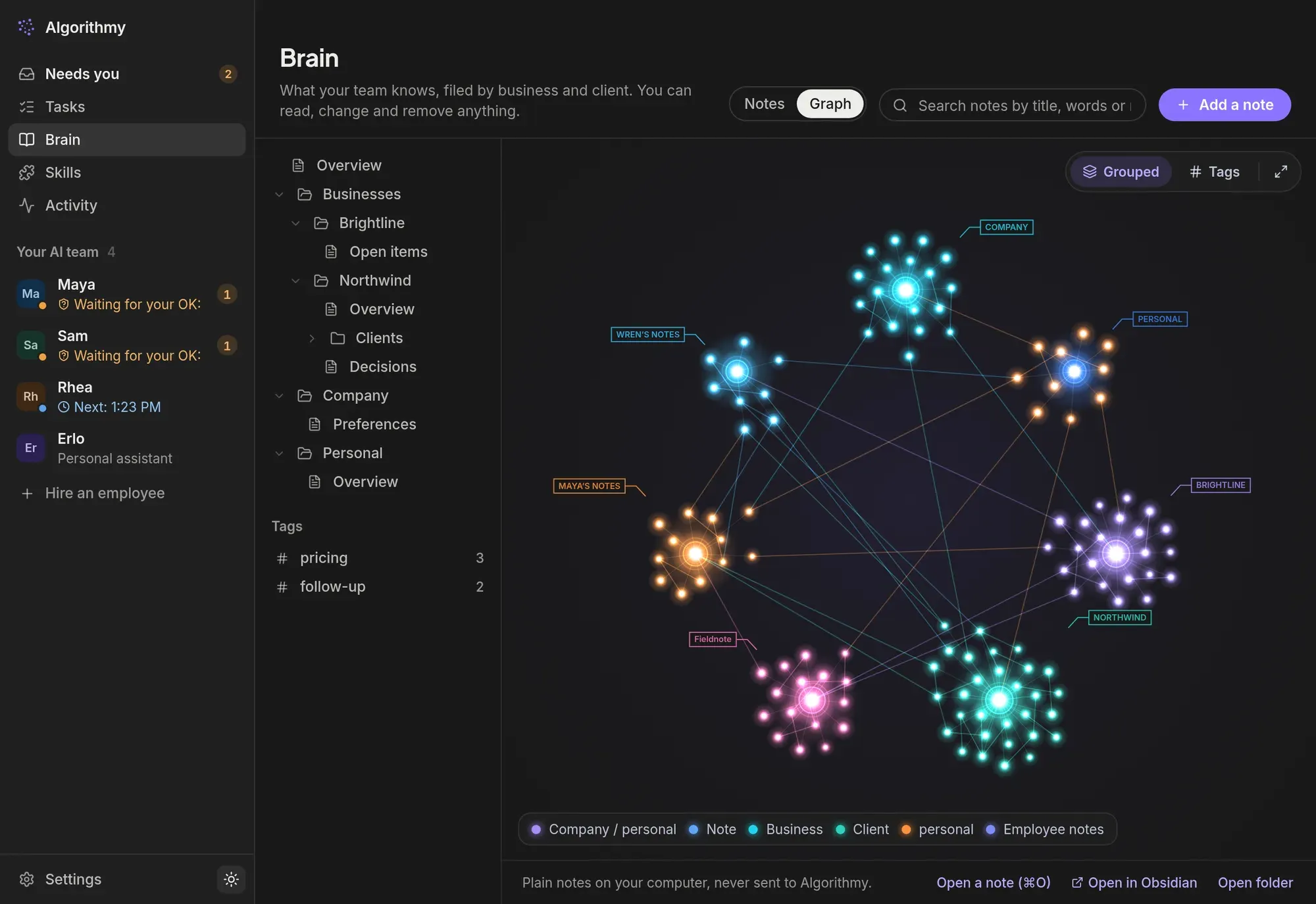 The Tenbrain Brain: AI memory notes grouped by business, client and employee, shown as a connected graph.