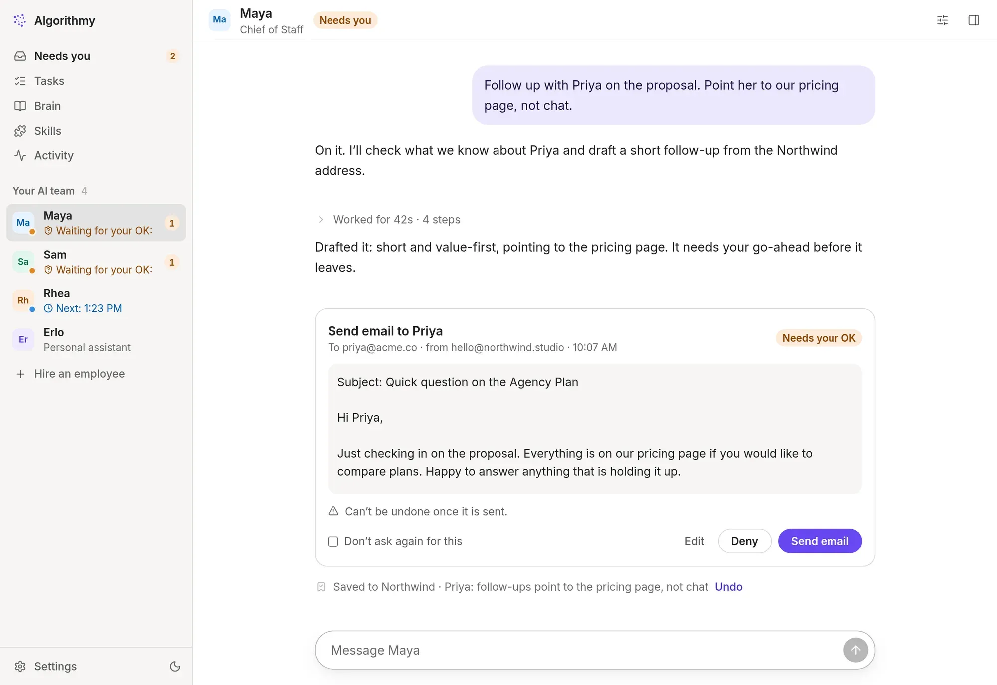 Tenbrain AI employee app: Maya, the AI Chief of Staff, has drafted a follow-up email to a client and is waiting for approval before sending it.