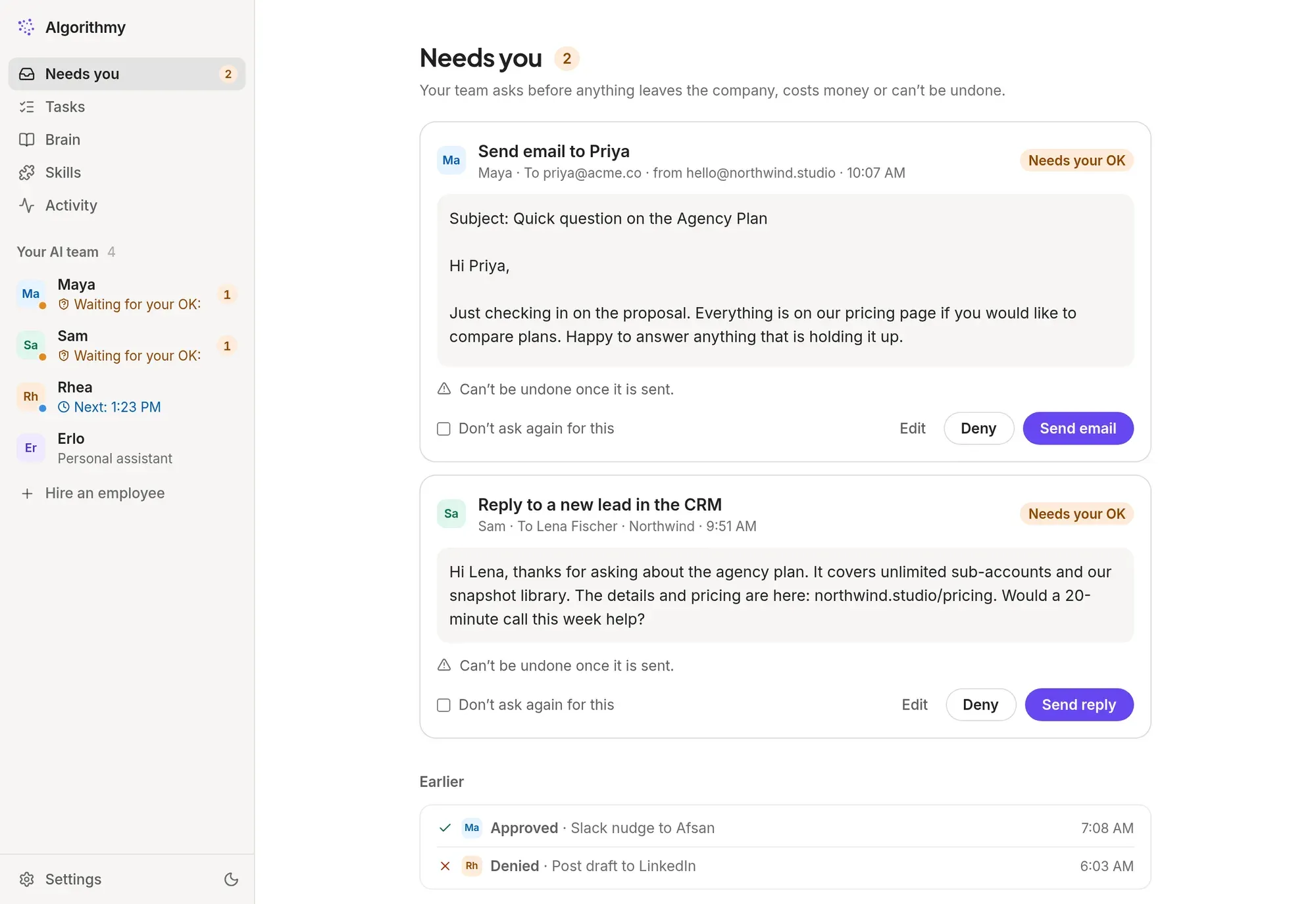 The Needs you page in Tenbrain: two drafts waiting for approval, an email to a client and a reply to a new lead.