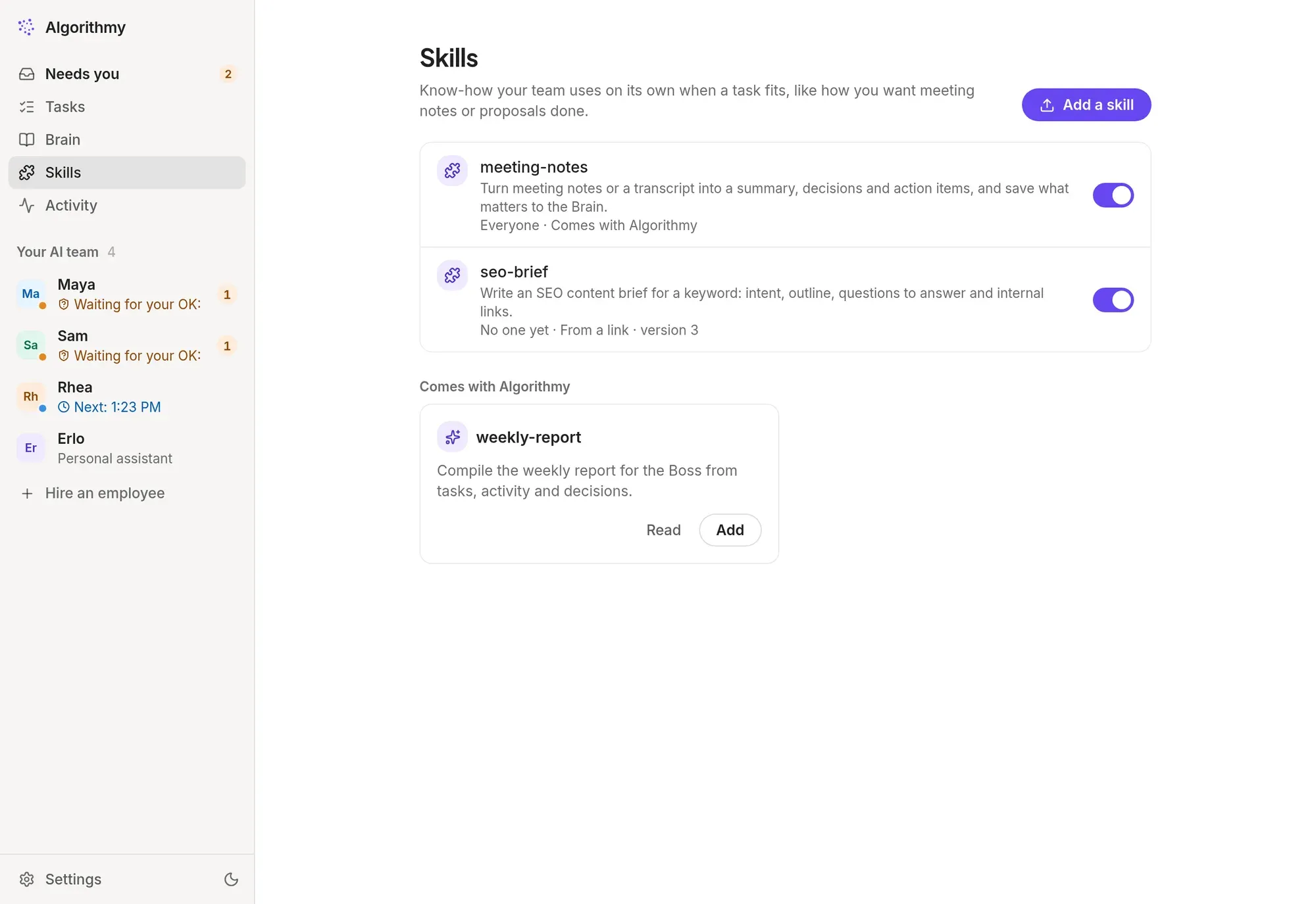 The Tenbrain Skills page with skills such as meeting notes and SEO brief, and which AI employees use each.